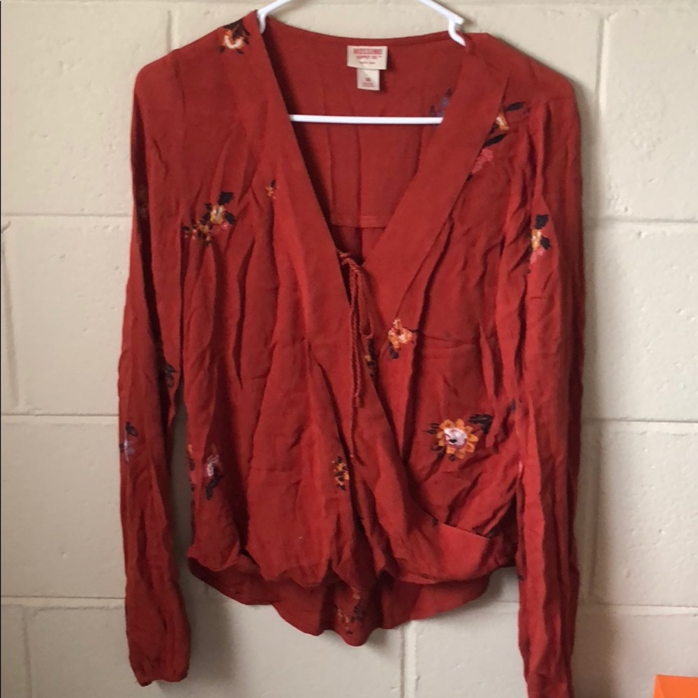 Red/Orange Tie Front Flouncy Long Sleeve Top